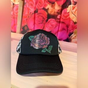 Floral Embroidered Black Checkered Cap